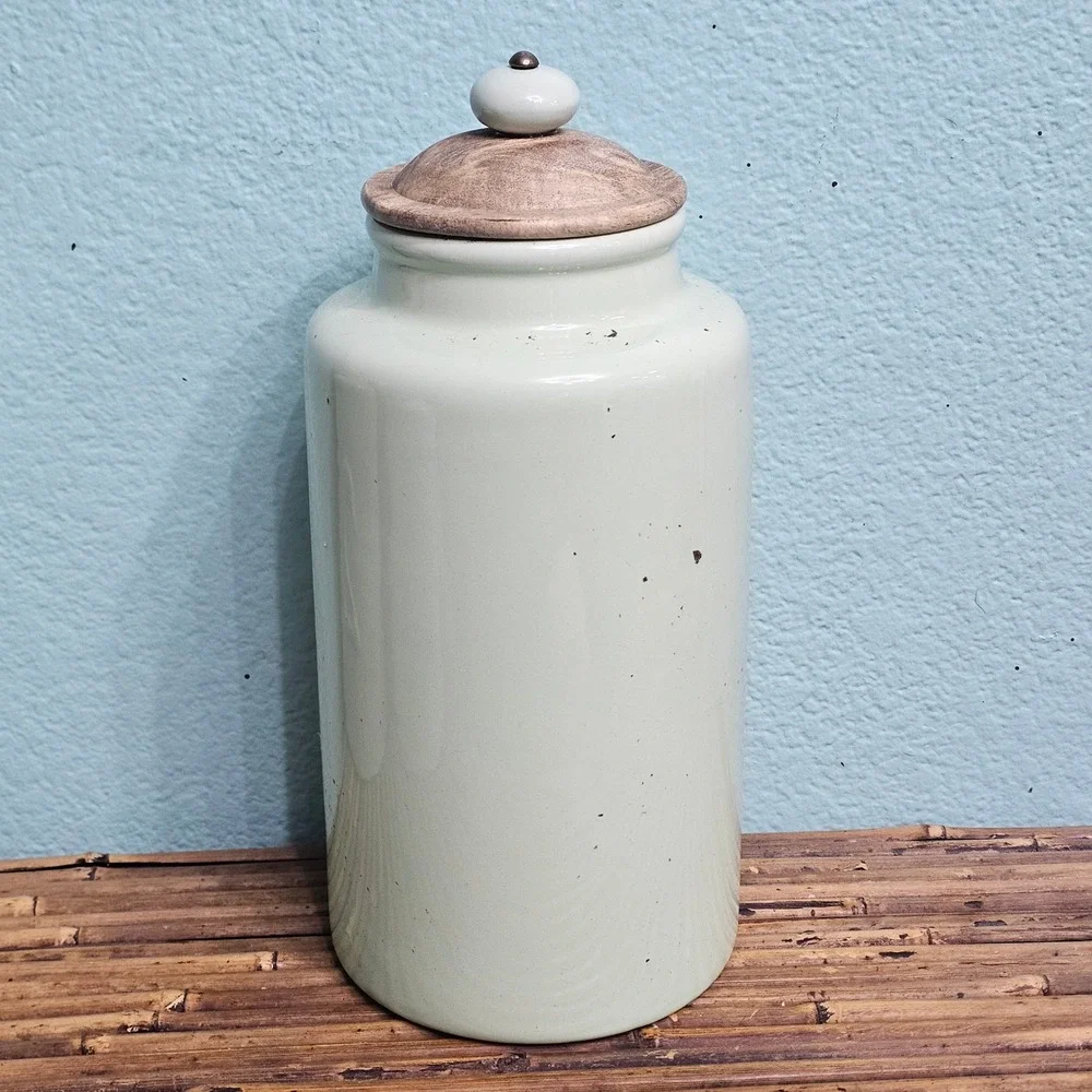 Pier 1 Imports Mint Green Speckled Ceramic Canister Set Wood Lids Farmhouse